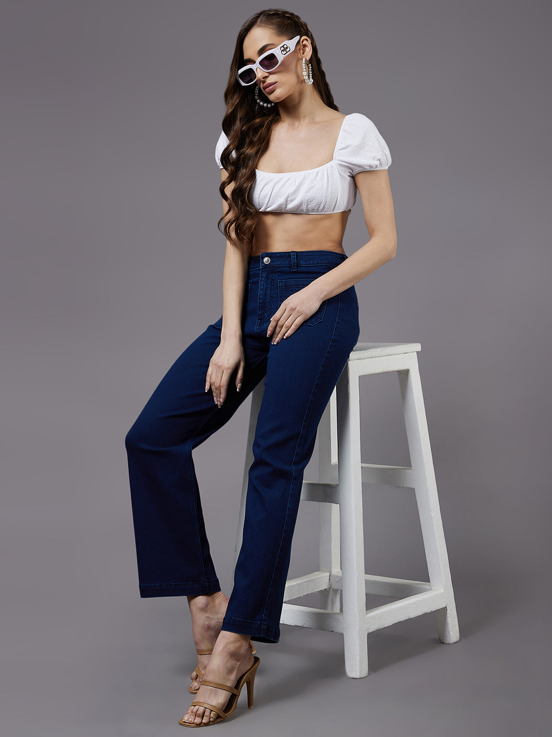 24/7 Comfort Navy-Blue flared High-Rise Stretchable Denim Jeans