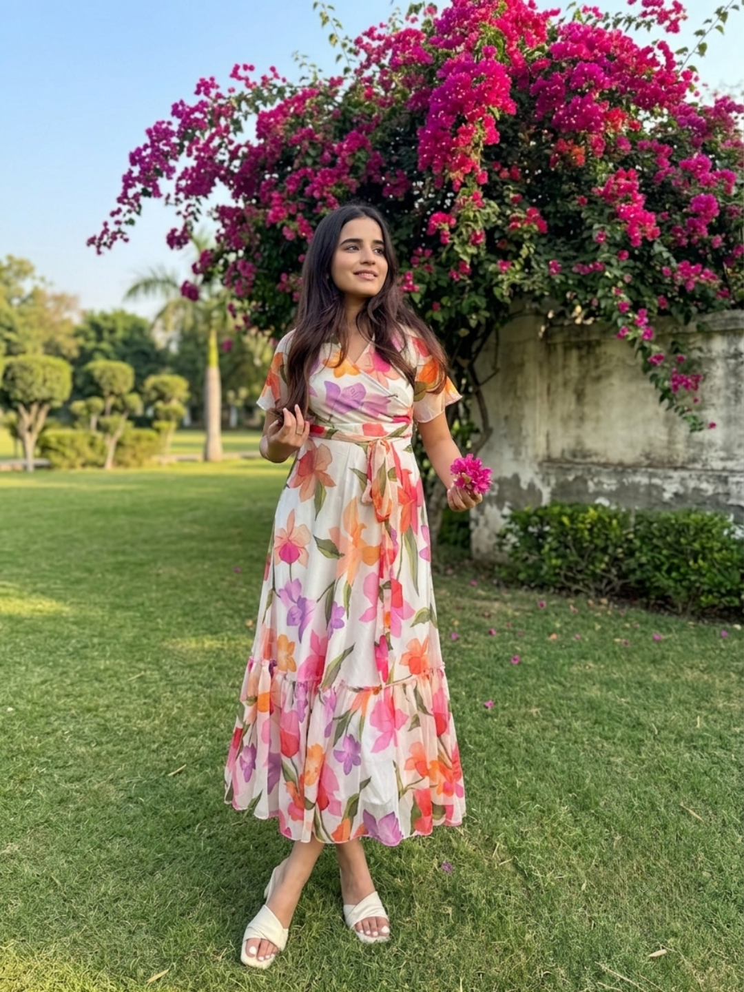 White Floral Printed Flutter Sleeves Maxi Dress for Women