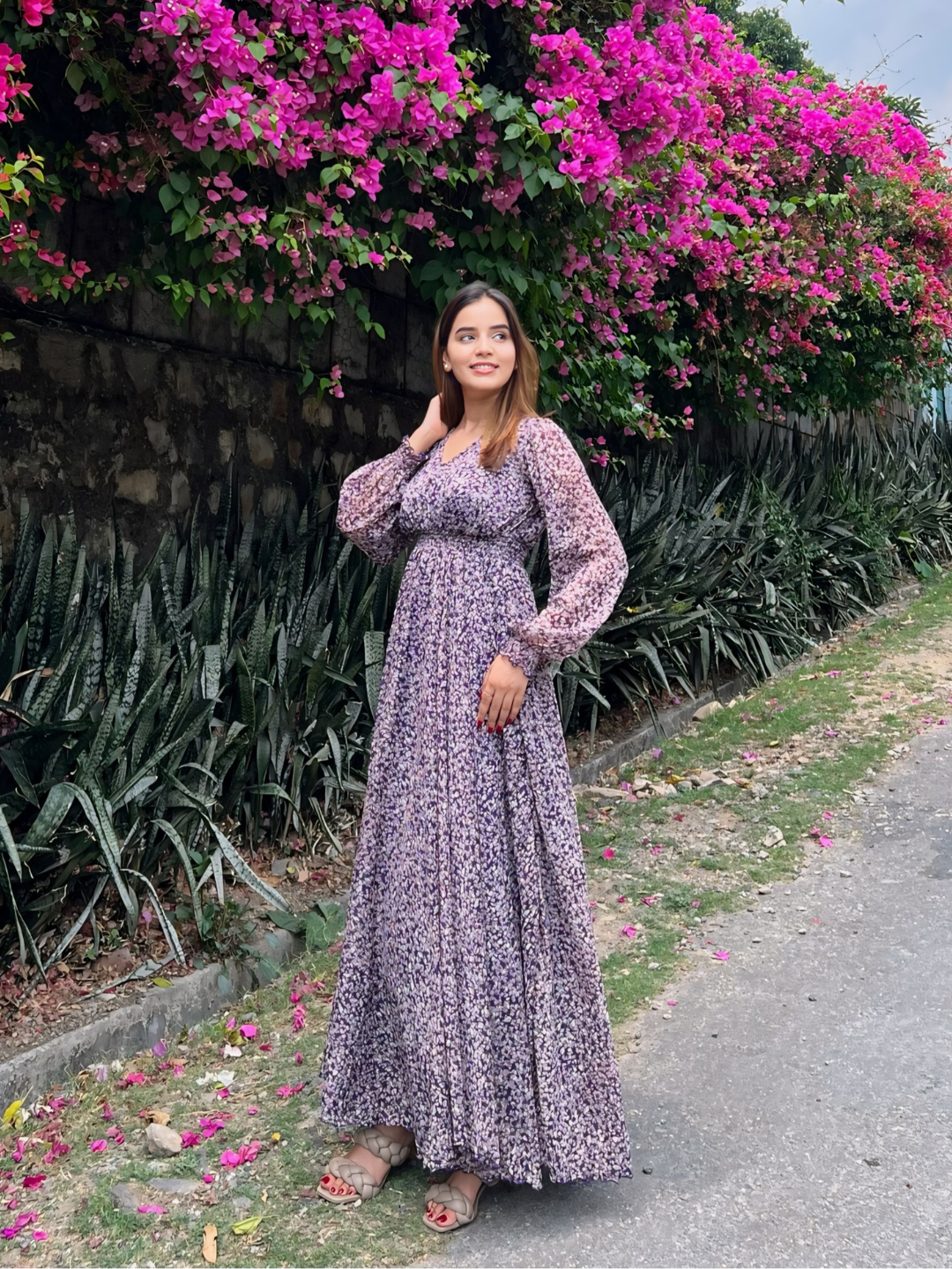Women's Multicolored-Base-Purple V-Neck Bishop Sleeve Floral Gathered Chiffon Maxi Dress