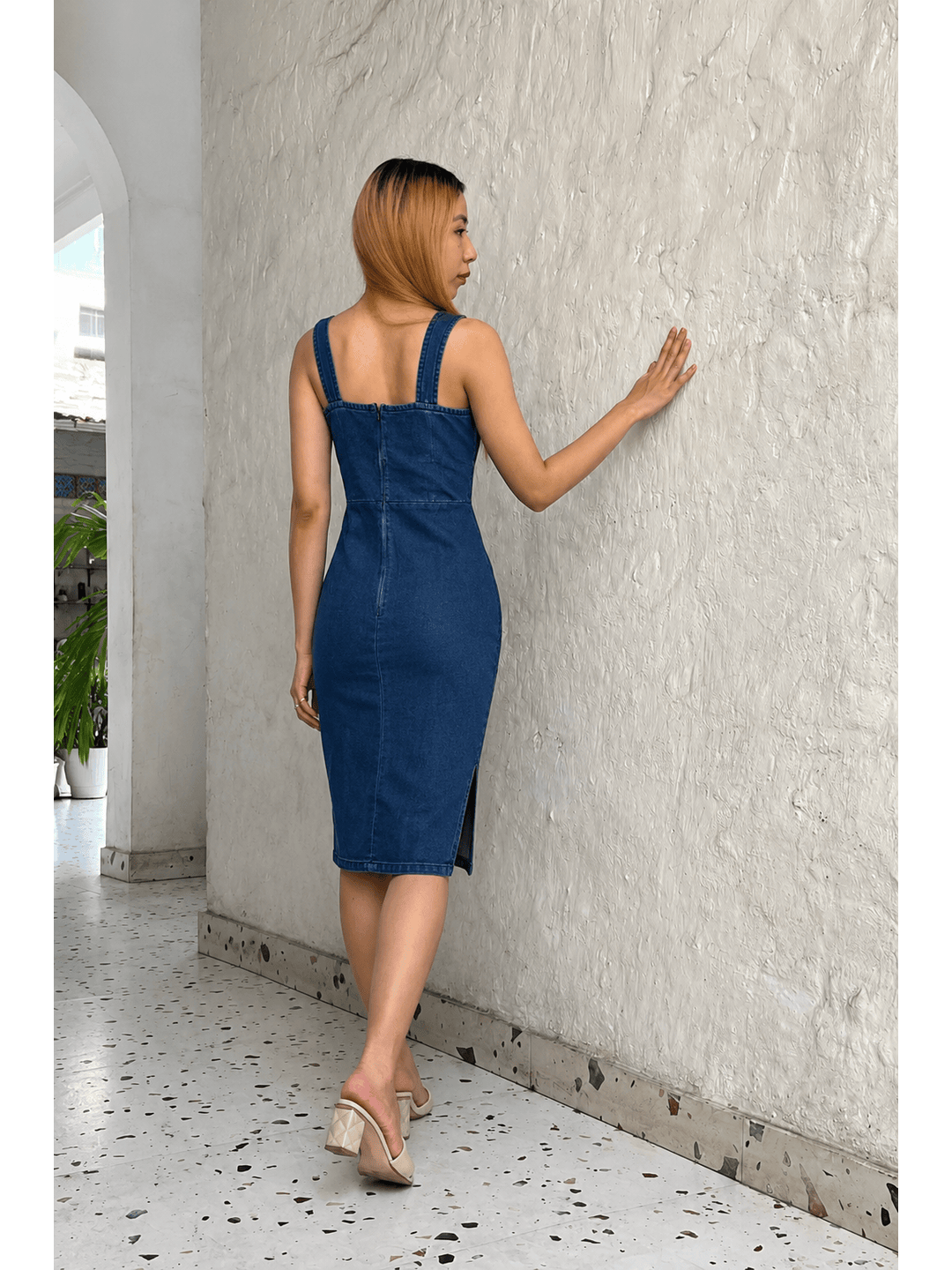 Blue Denim Sweetheart Neck Strappy Slit Bodycon Midi Dress for Women