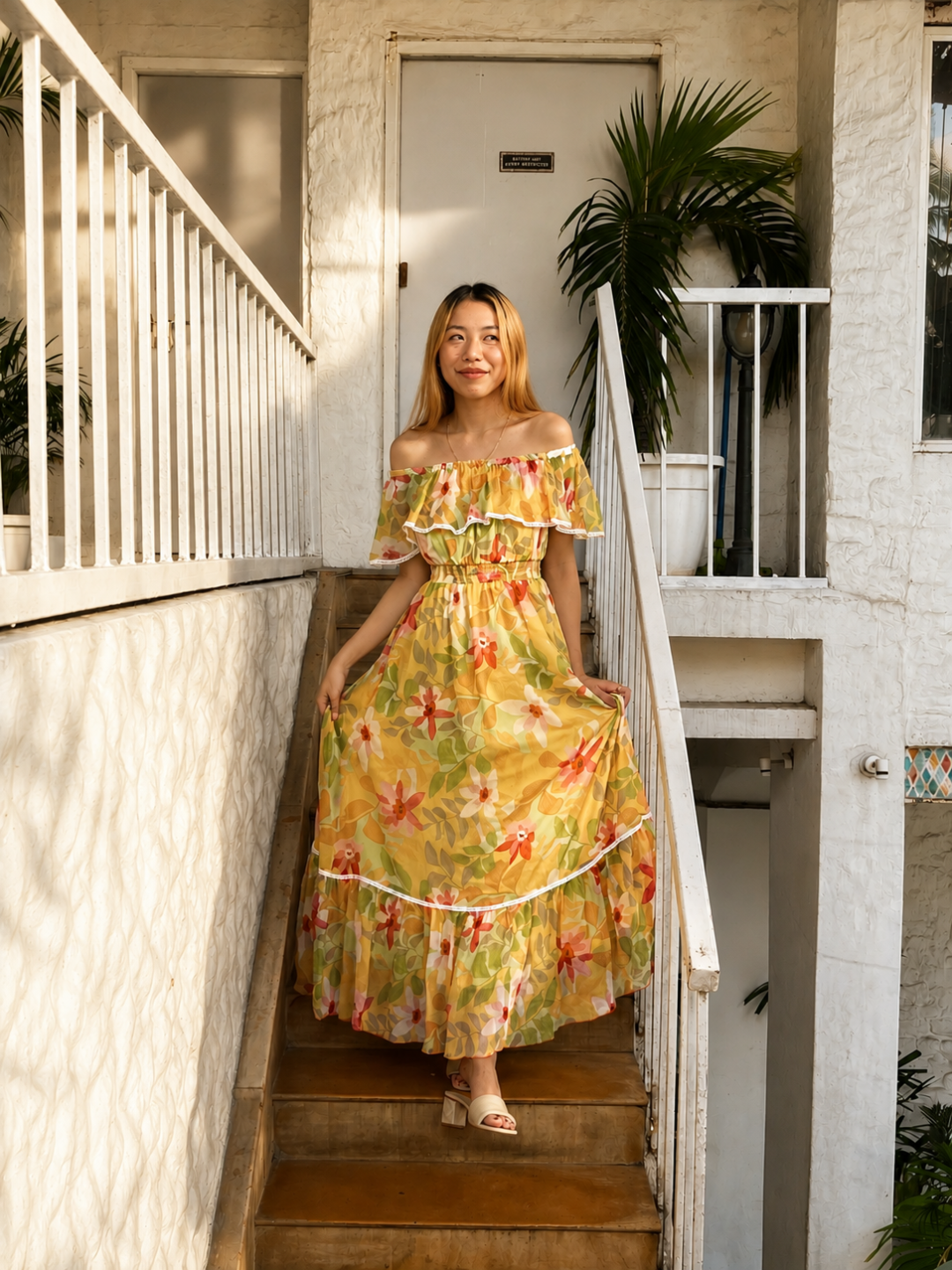 Butter Yellow Square Neck Cape Floral Tiered Maxi Chiffon Dress for Women