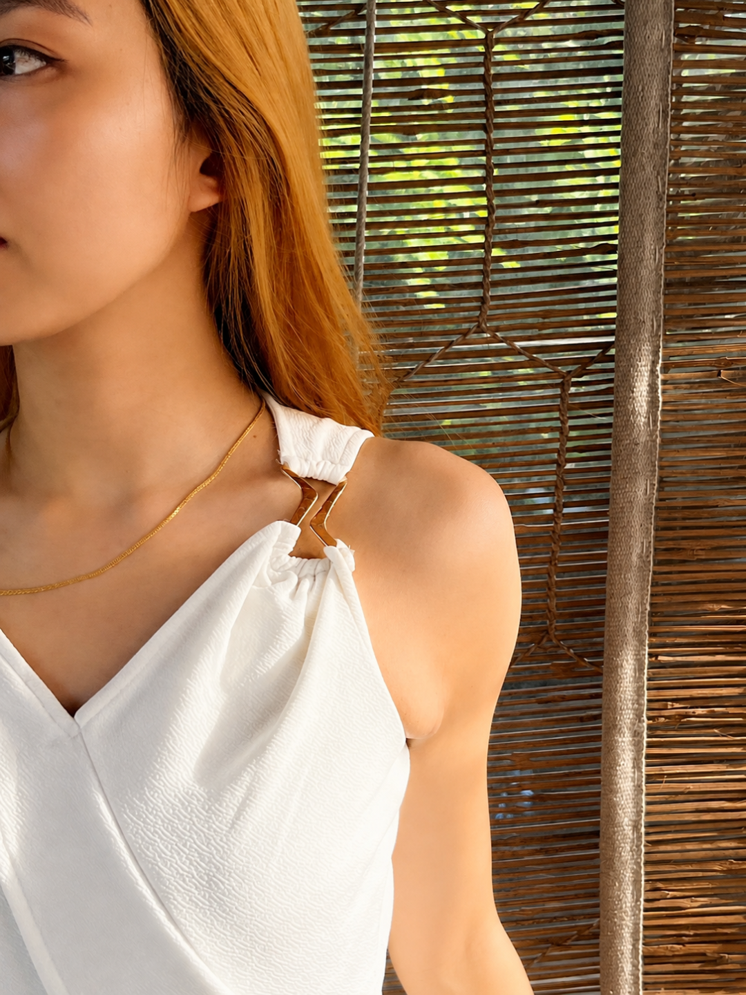Off-White V-Neck Sleeveless Solid Wrap Regular-Length Polyester Jumpsuit for Women