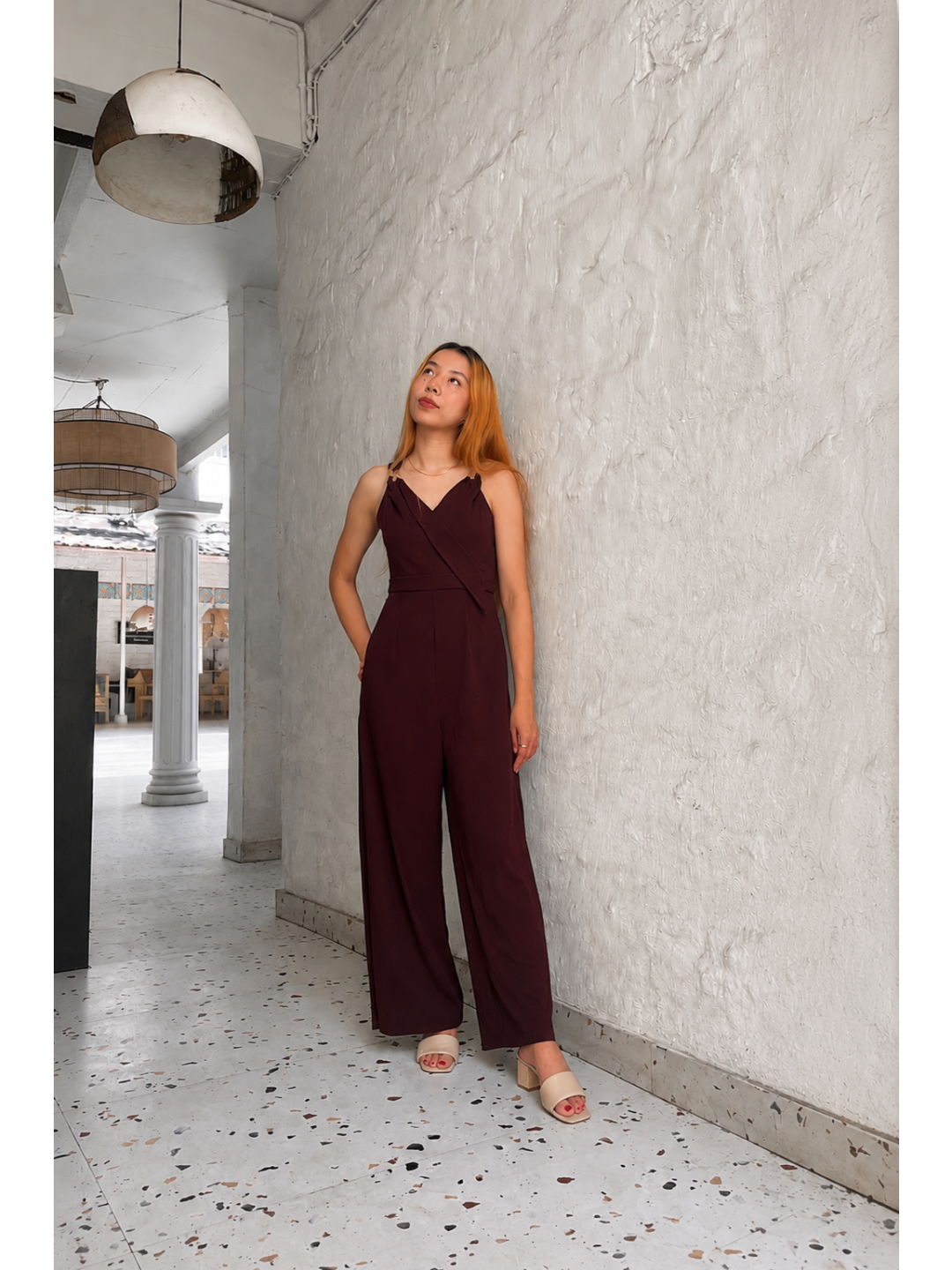 Wine V-Neck Sleeveless Solid Wrap Regular Jumpsuit for Women