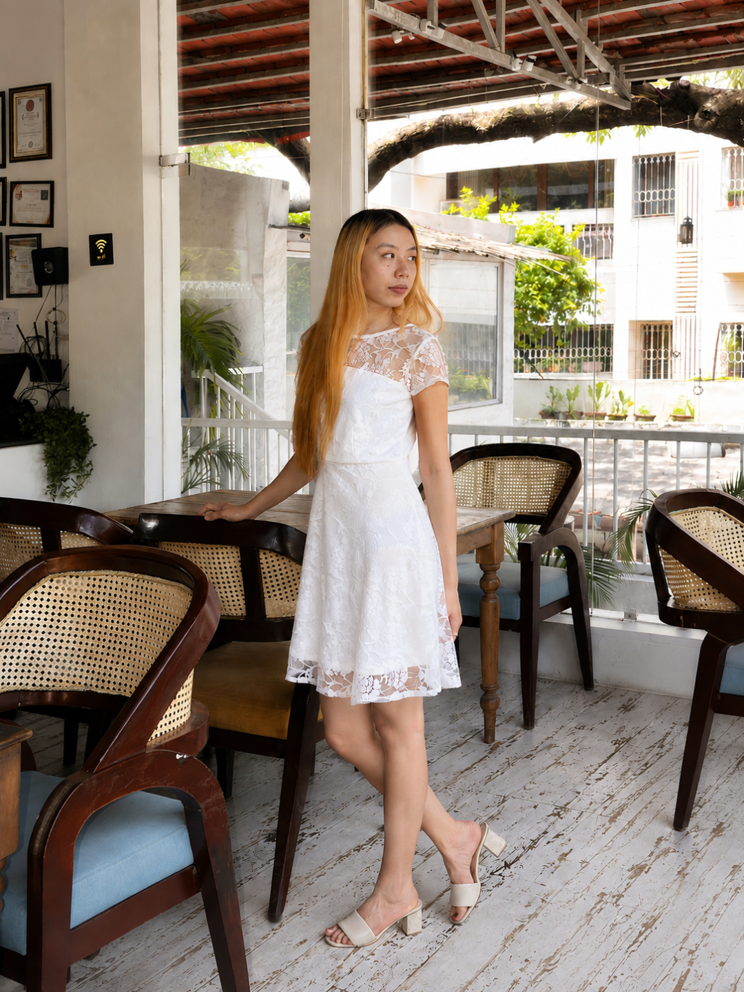 Off White Round Neck Cap Sleeve Self-Designed Skater Mini Dress for Women