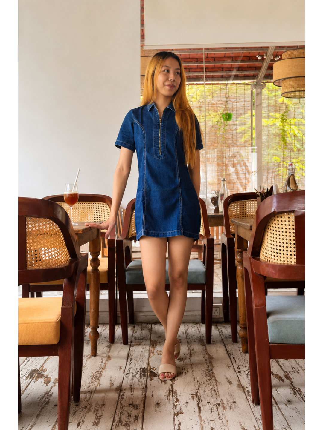Dark Blue Collared Half Sleeve Princess Seam Sheath Mini Dress for Women