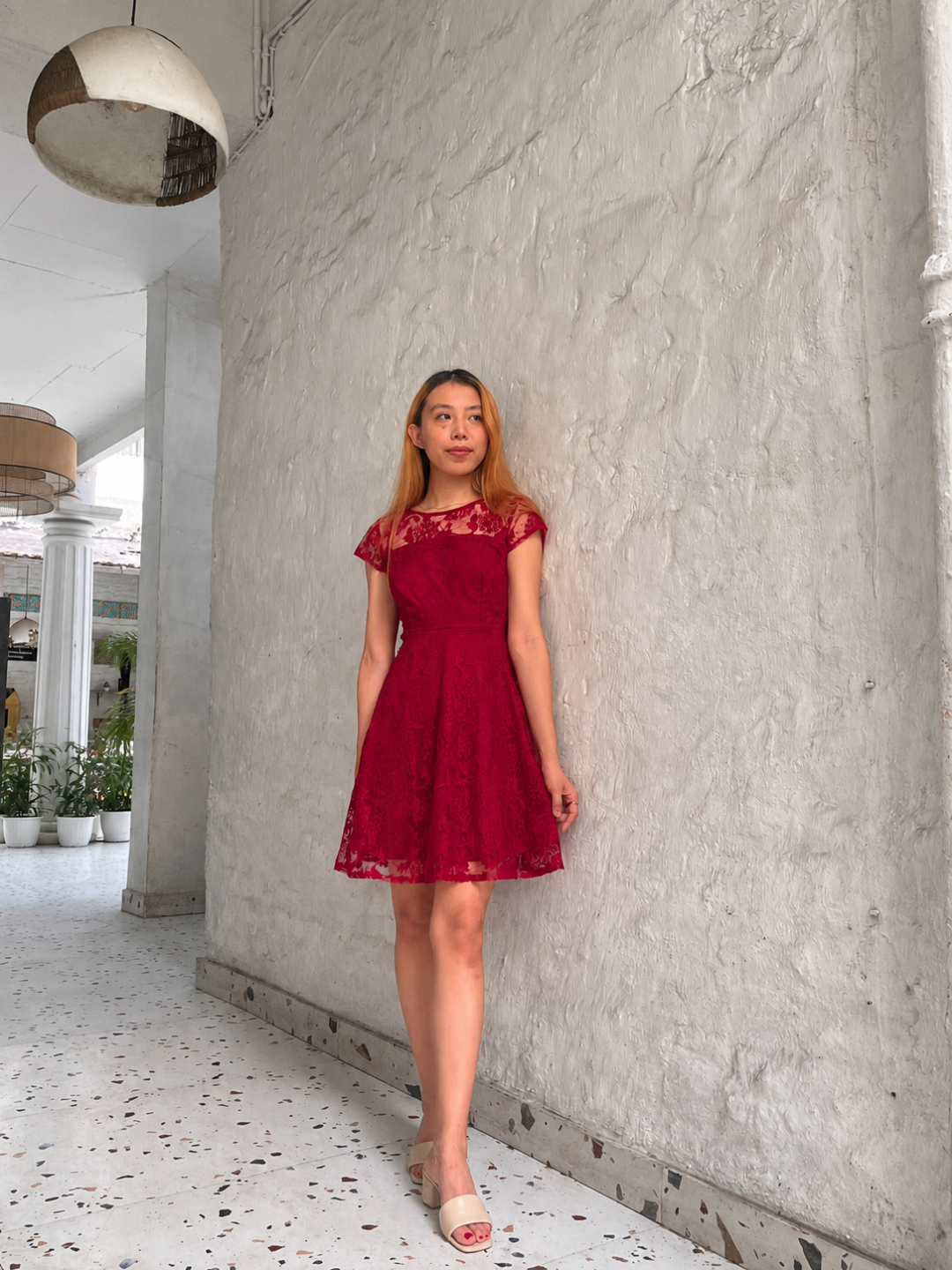 Dark Pink Round Neck Cap Sleeves Low Back Lace Skater Dress for Women