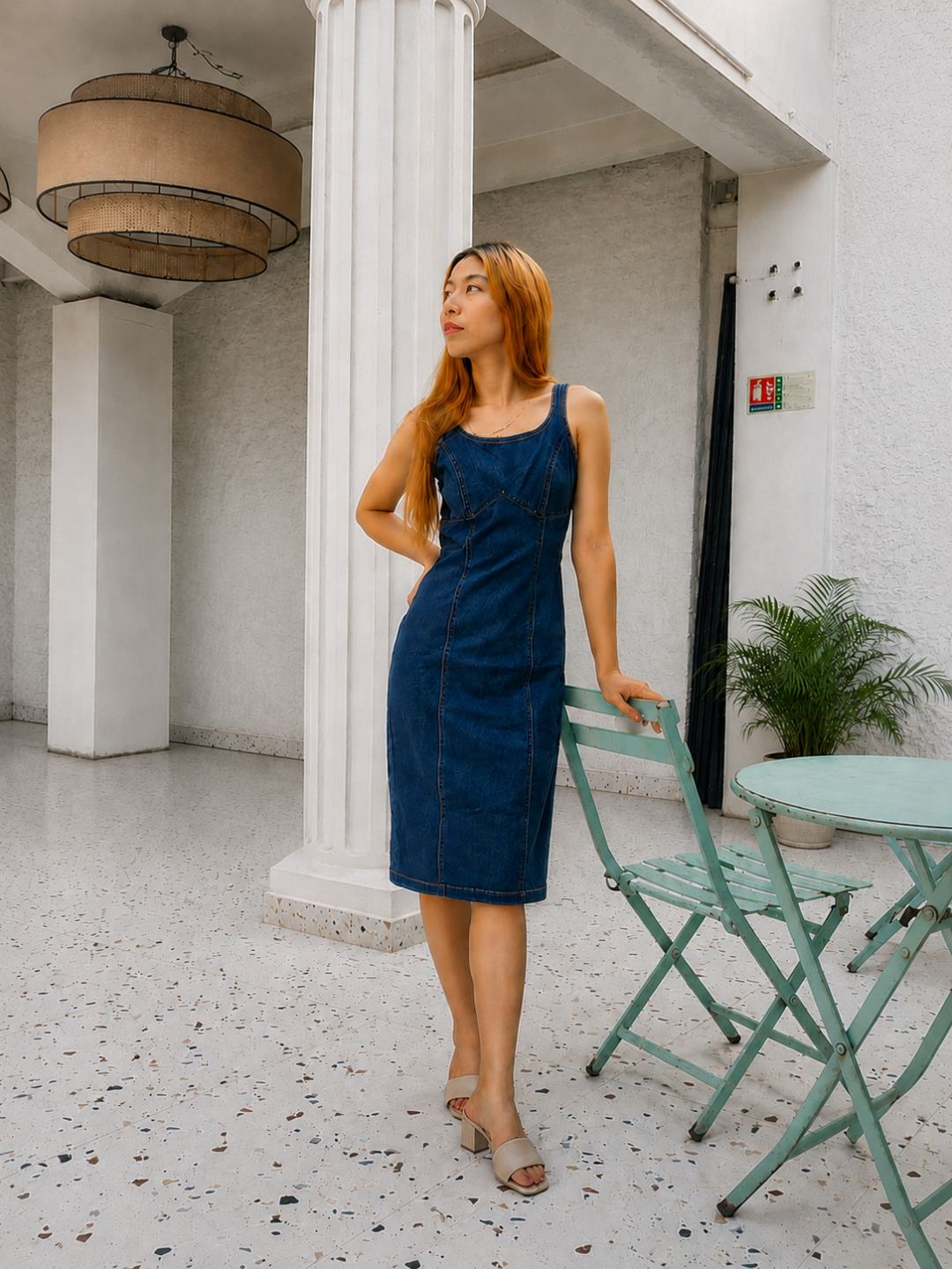 Navy Blue Scoop Neck Strappy Bustier Bodycon Midi Denim Dress For Women