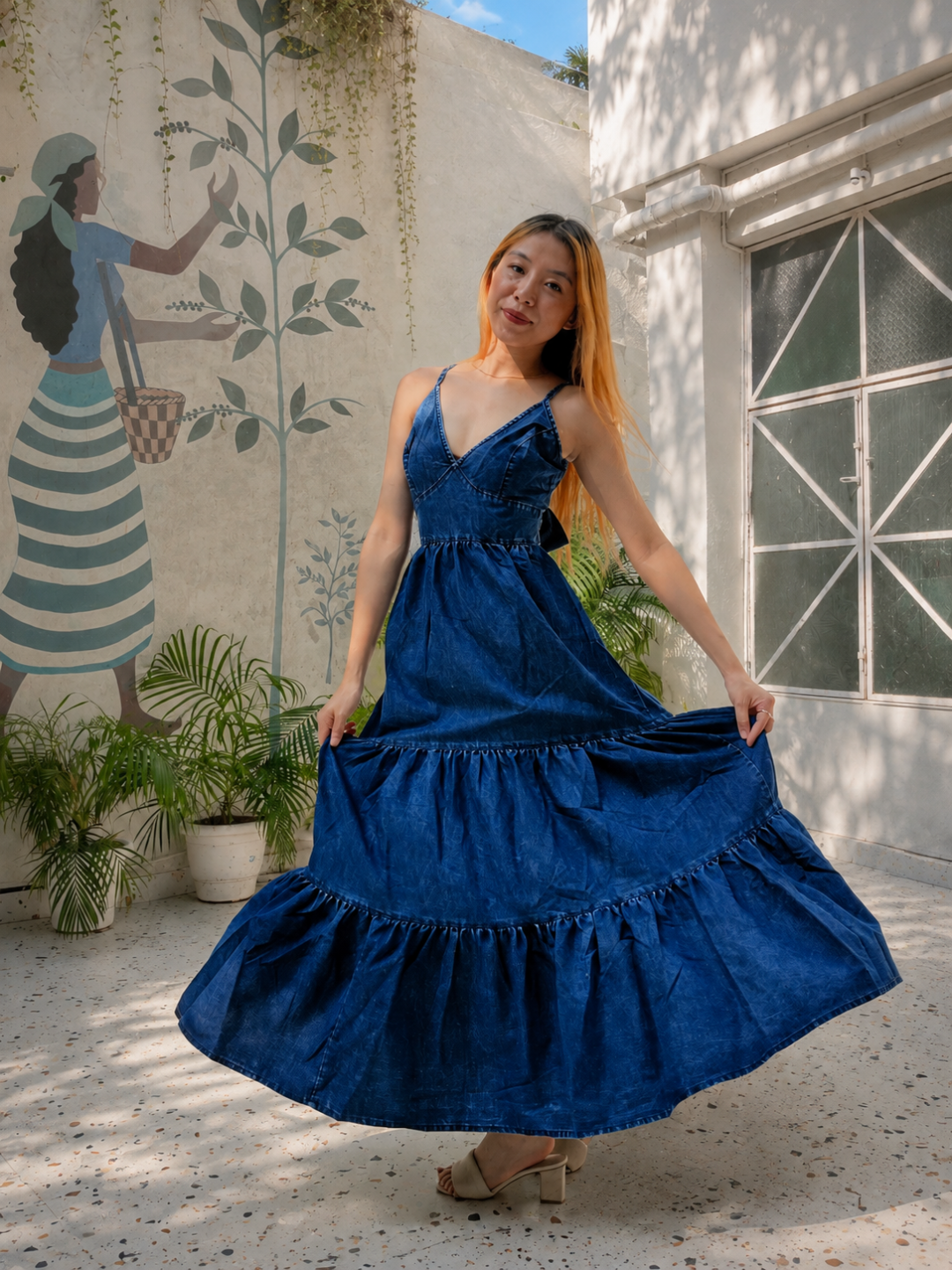 Navy Blue V-Neck Sleeveless Solid Tiered Tie Up Maxi Dress Maxi Navy Blue Dress For Women