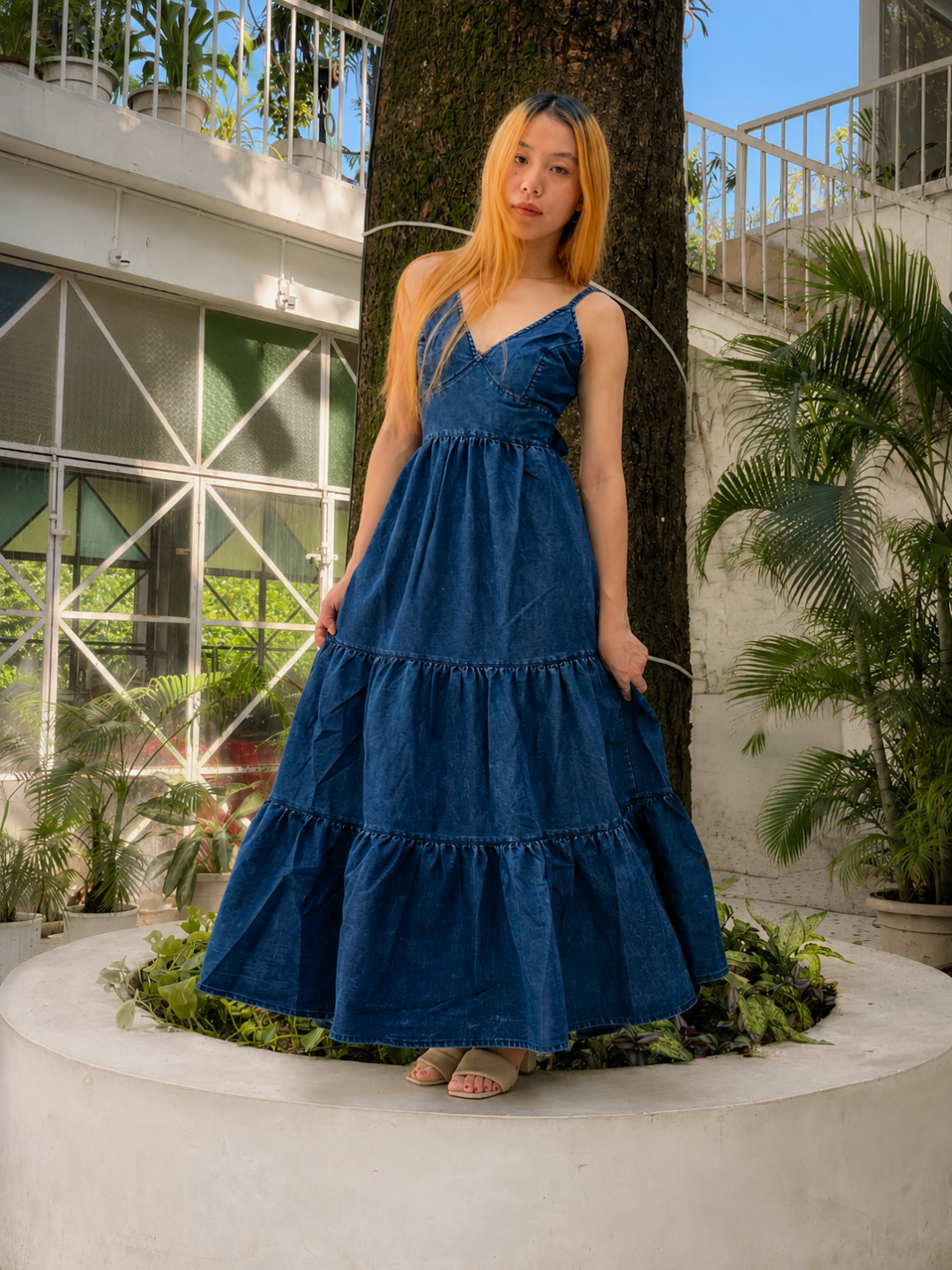 Navy Blue V-Neck Sleeveless Solid Tiered Tie Up Maxi Dress Maxi Navy Blue Dress For Women