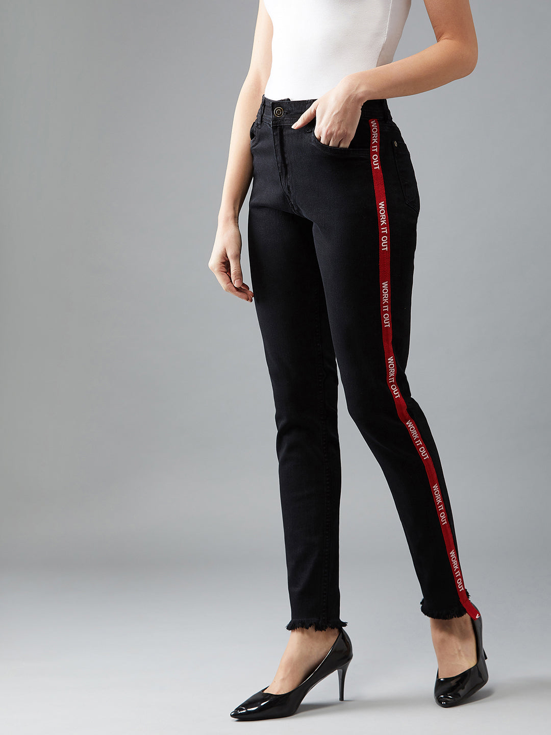 Black Slim-Fit High-Rise Mildly Distress Printed Twill Tape Detailing Stretchable Denim Jeans for Women