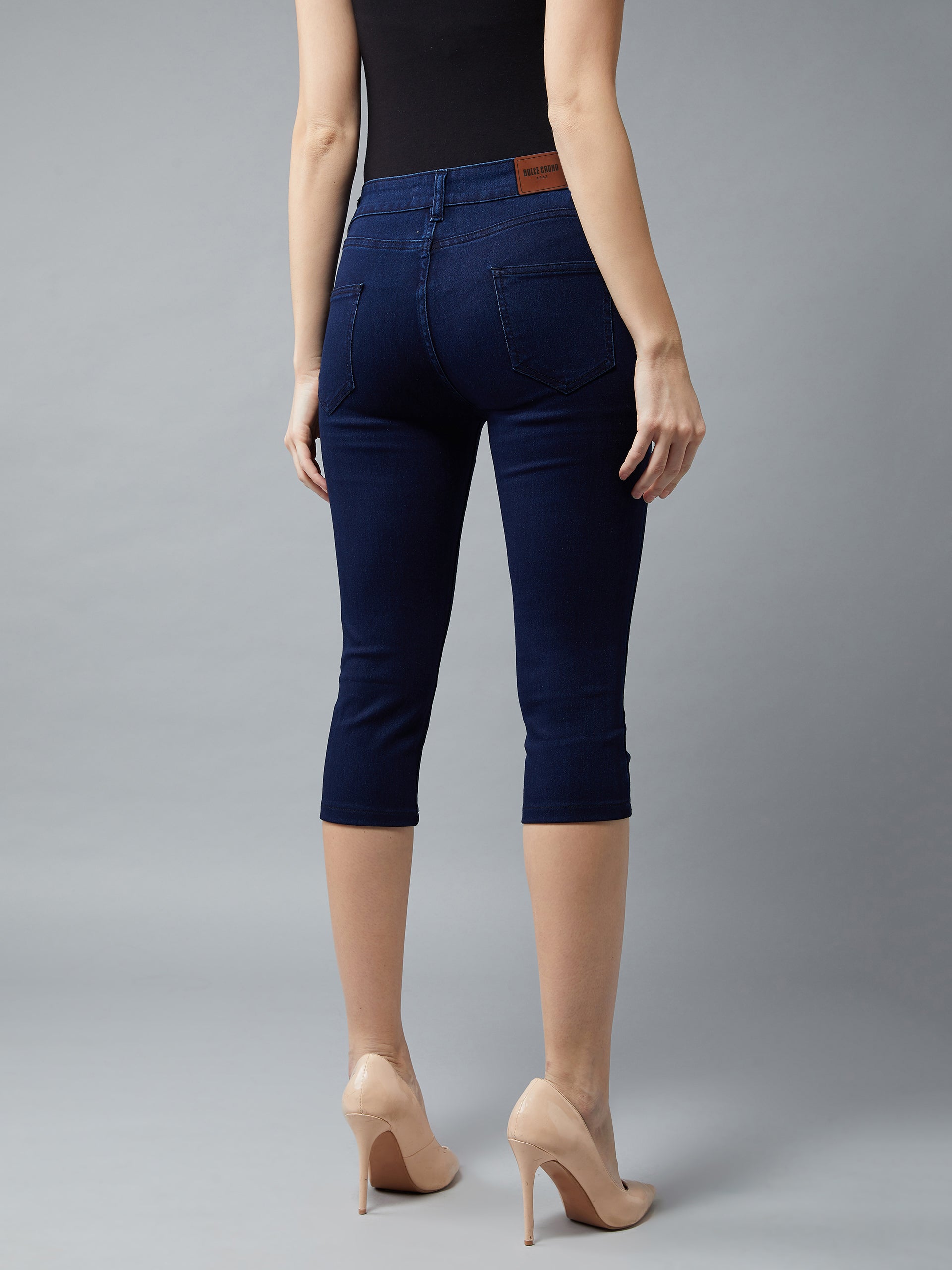 CHASEstretch™ Women's Navy-Blue Skinny-Fit High-Rise Cropped-Length Clean-Look Denim Stretchable Capri Jeans