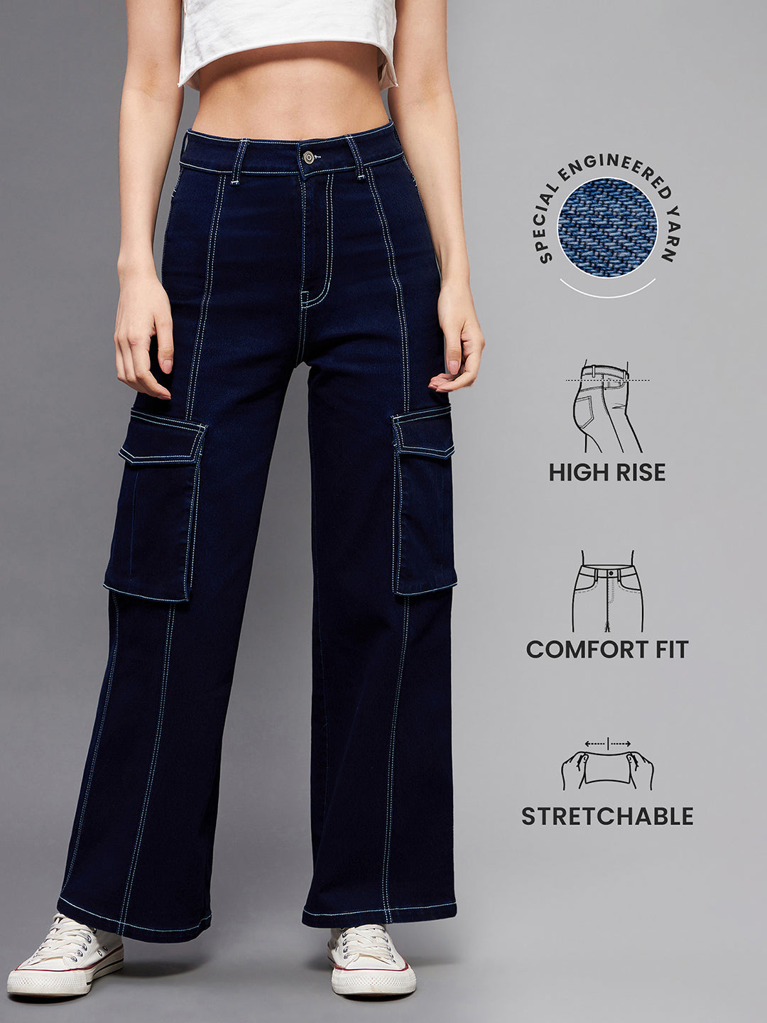 24/7 Comfort Navy Blue Wide-Leg Cargo High-Rise Stretchable Baggy Denim Jeans