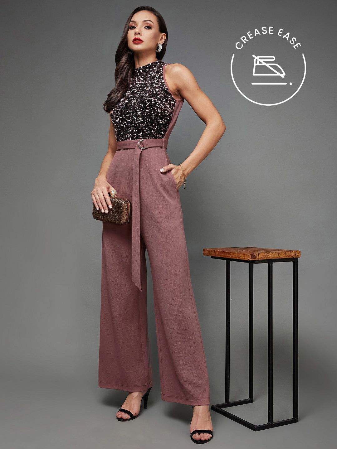 Crease Ease Cocktail Women's Mauve Sleeveless Sequined Halter Neck Party  Jumpsuit