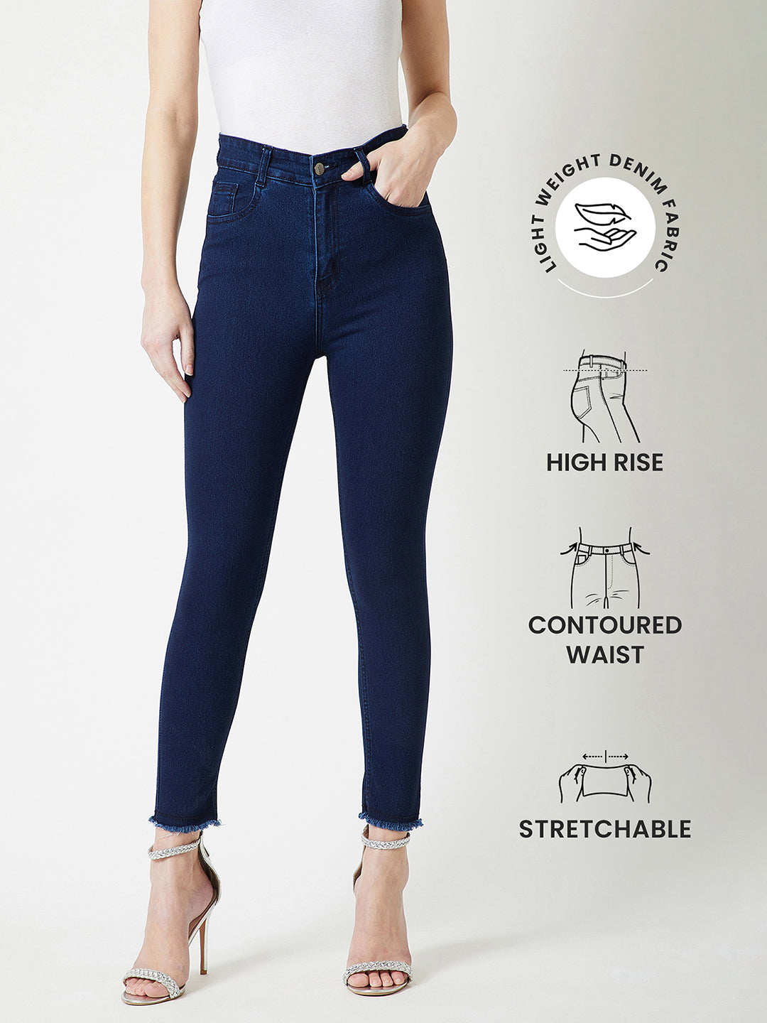 24/7 Comfort Navy-Blue Skinny High-Rise Solid Cropped Fringed Hemline Stretchable Denim Jeans