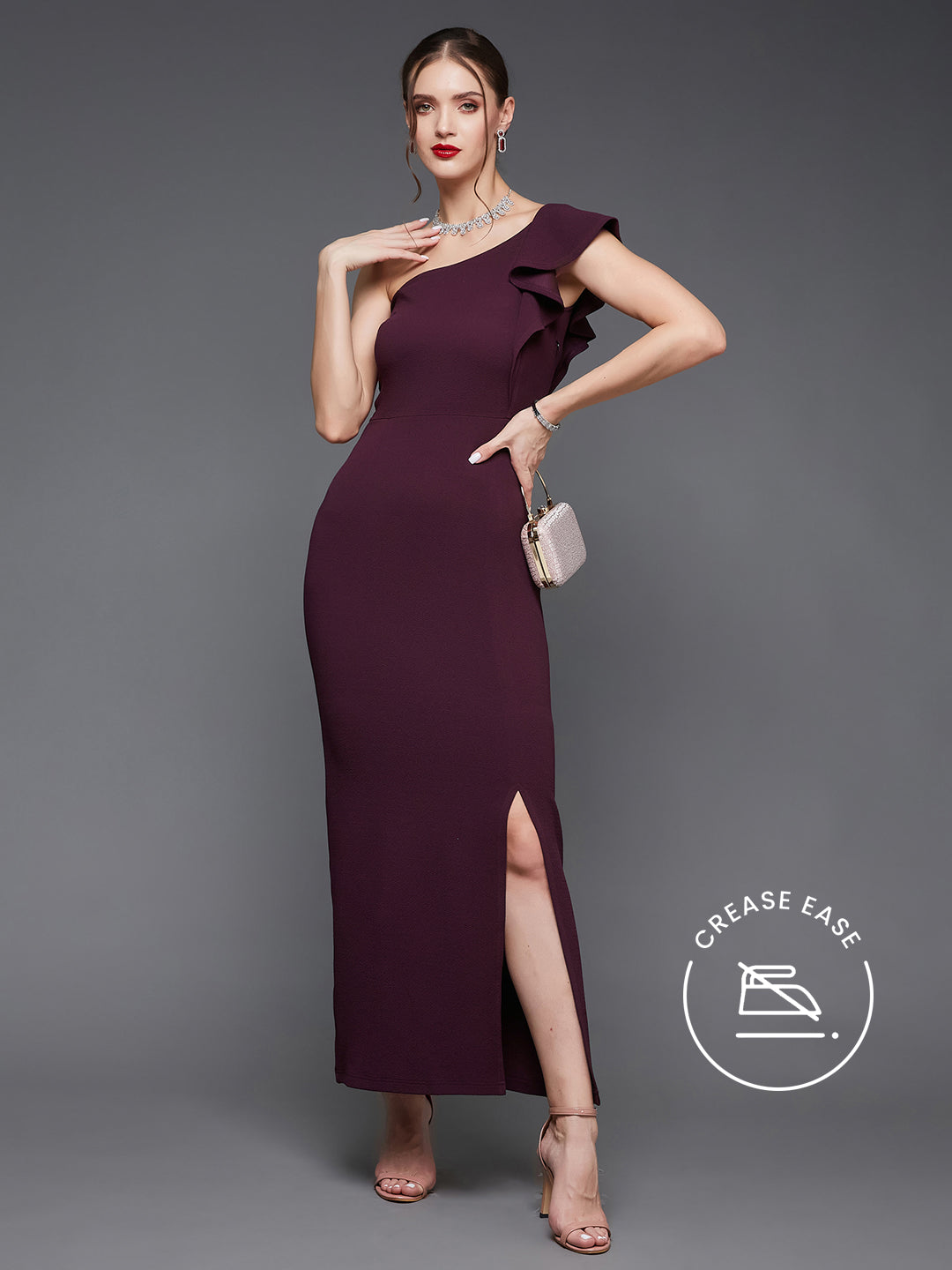 Dark Purple Solid One Shoulder Bodycon Maxi Dress Long Dress Gown Frock for Women | Cocktail Hour Edit