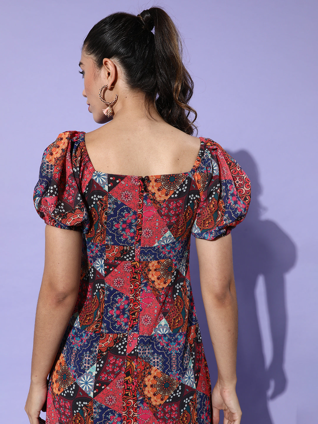 Women's Multicolored Sweetheart Half Sleeve Abstract Fit & Flare Midi Dress