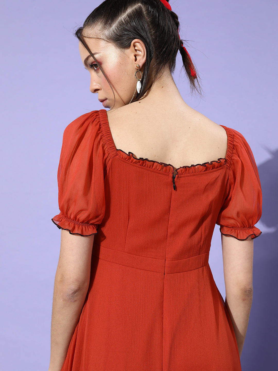 Rust Red Short Sleeves Tiered Maxi Dress Long Dress Frock for Women