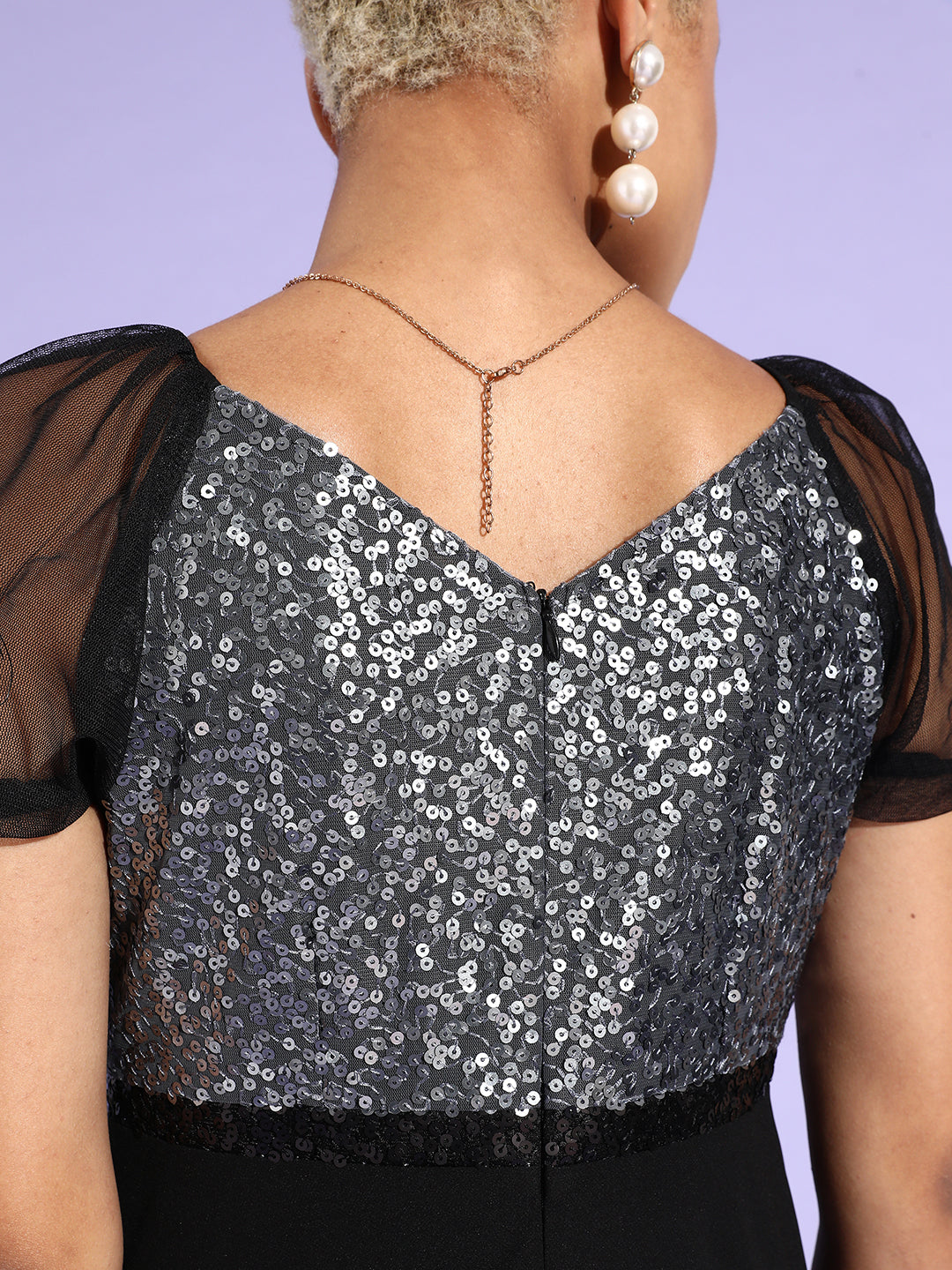 Women's Black And Silver Sequined Fit & Flare Party Maxi Dress