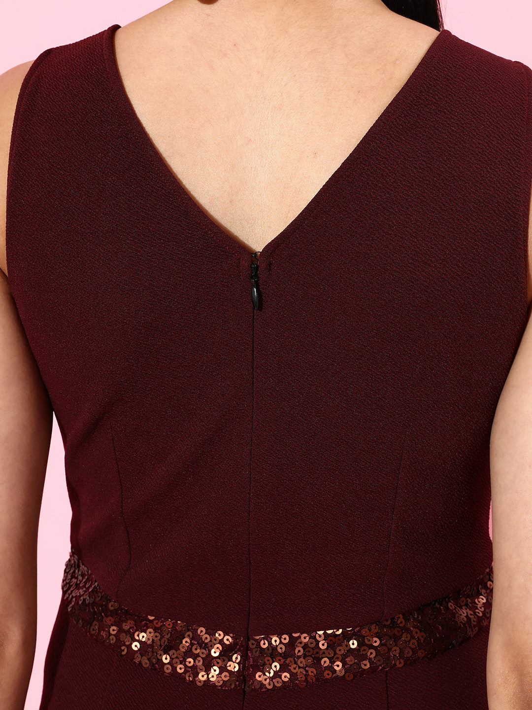 Crease Ease Women's Wine Solid Slim Fit Round Neck Sleeveless Regular Length Bell Bottom Jumpsuit