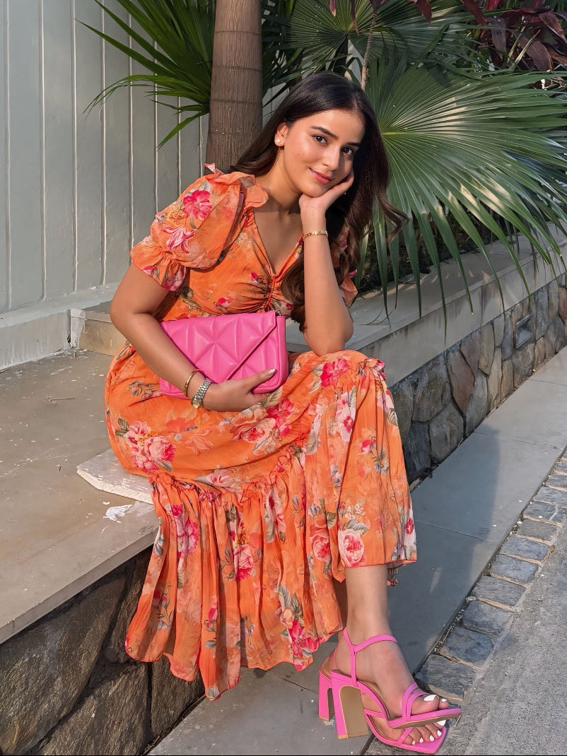 Orange Multicoloured Floral Printed Puff Sleeves Sweetheart Neck Fit and Flare Maxi Dress for Women