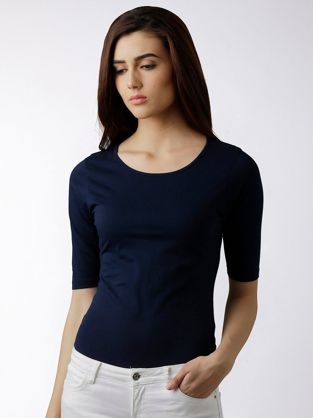 Women's Navy Blue Round Neck Half Sleeves Solid Top