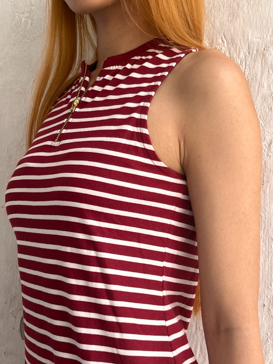 Maroon and White Round Neck Sleeveless Striped Bodycon Dress for Women
