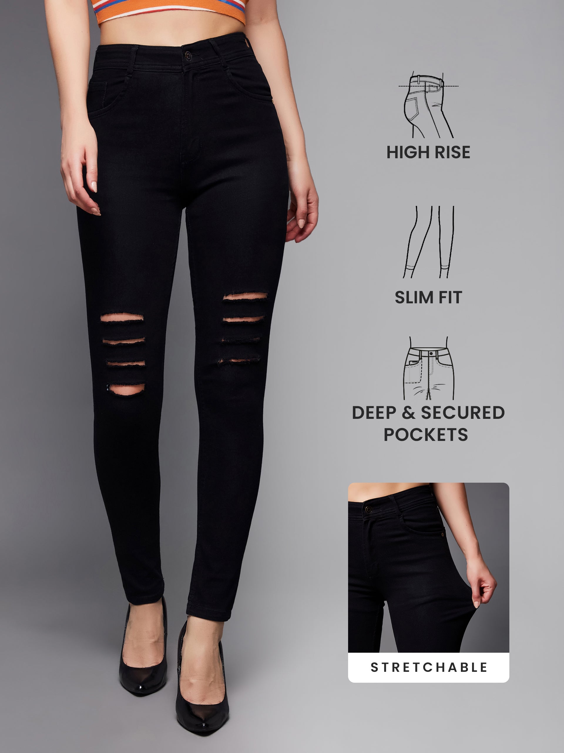 24/7 Comfort Black Slim-Fit High-Rise Distressed Ripped Stretchable Denim Jeans