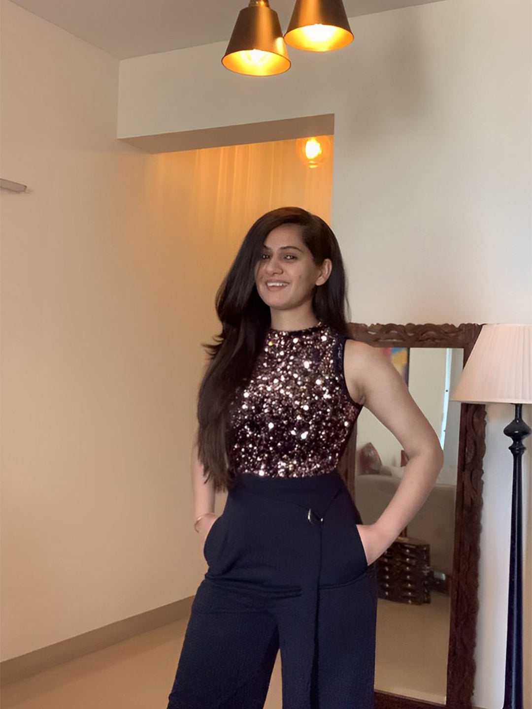 Crease Ease Cocktail Women's Black And Lavender Sequined Party Jumpsuit