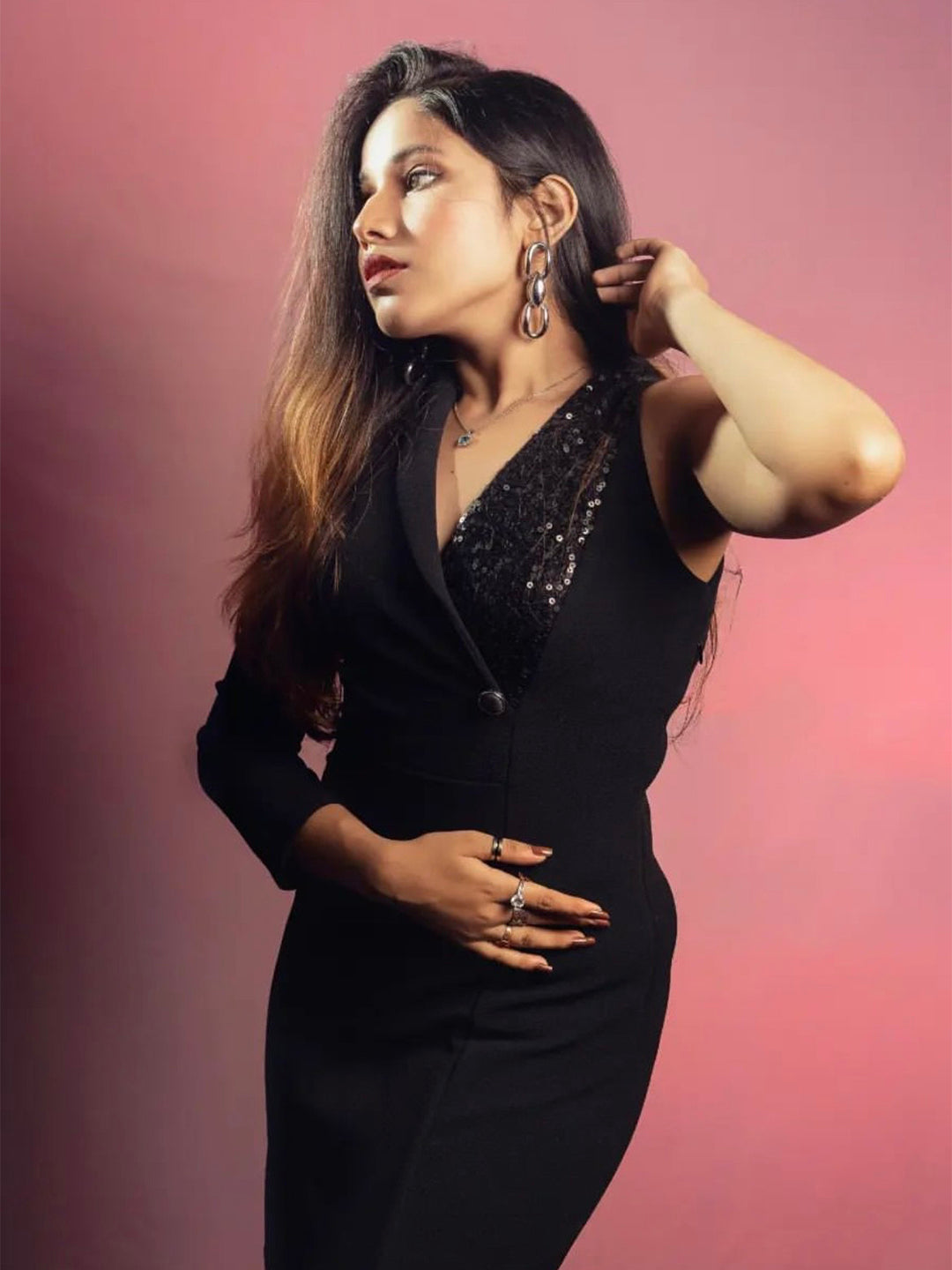 Black Asymmetric Sequinned Blazer Maxi Dress Long Dress Frock