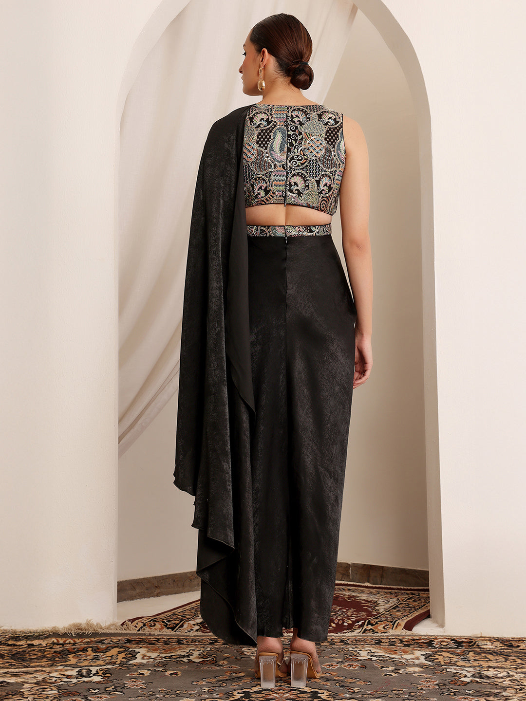 Black Minaret Embroidered Satin Maxi Dress