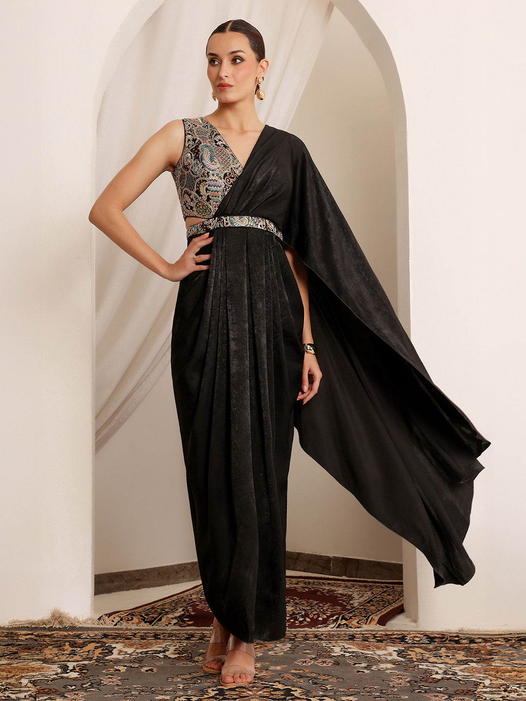 Black Minaret Embroidered Satin Maxi Dress