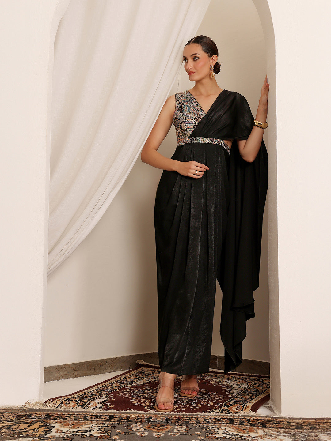 Black Minaret Embroidered Satin Maxi Dress