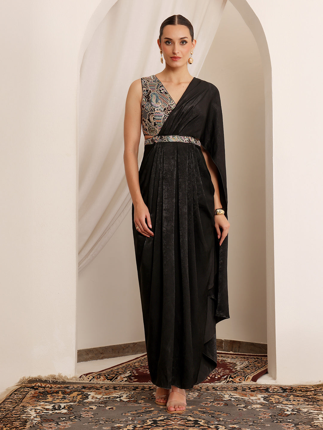 Black Minaret Embroidered Satin Maxi Dress