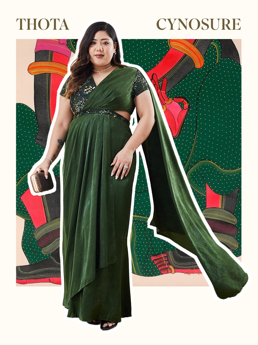 Olive V-Neck Short-Sleeve Embellished Draped Maxi Velvet Dress for Women