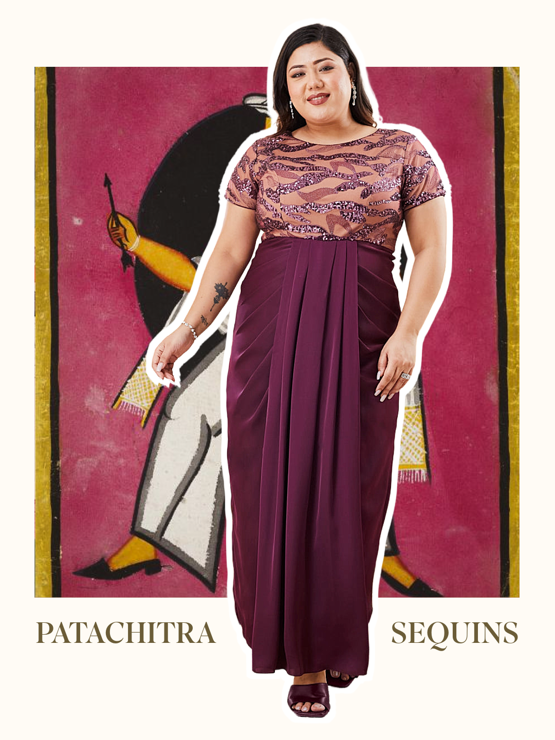 Purple Pleated Satin Gown with Round Neck & Embellishments for Women