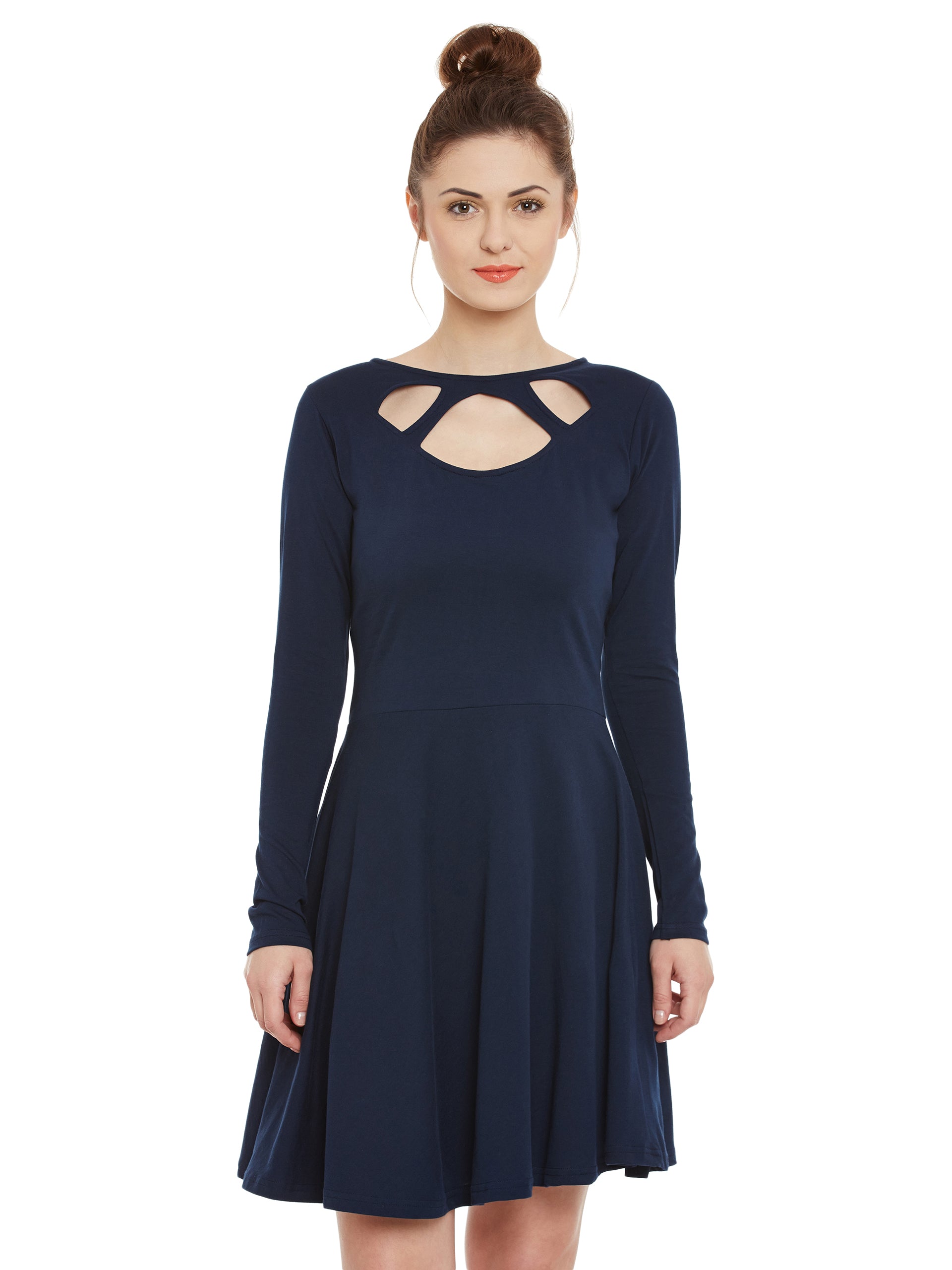Women's Navy Solid Full Sleeve Round Neck Mini Skater Dresses