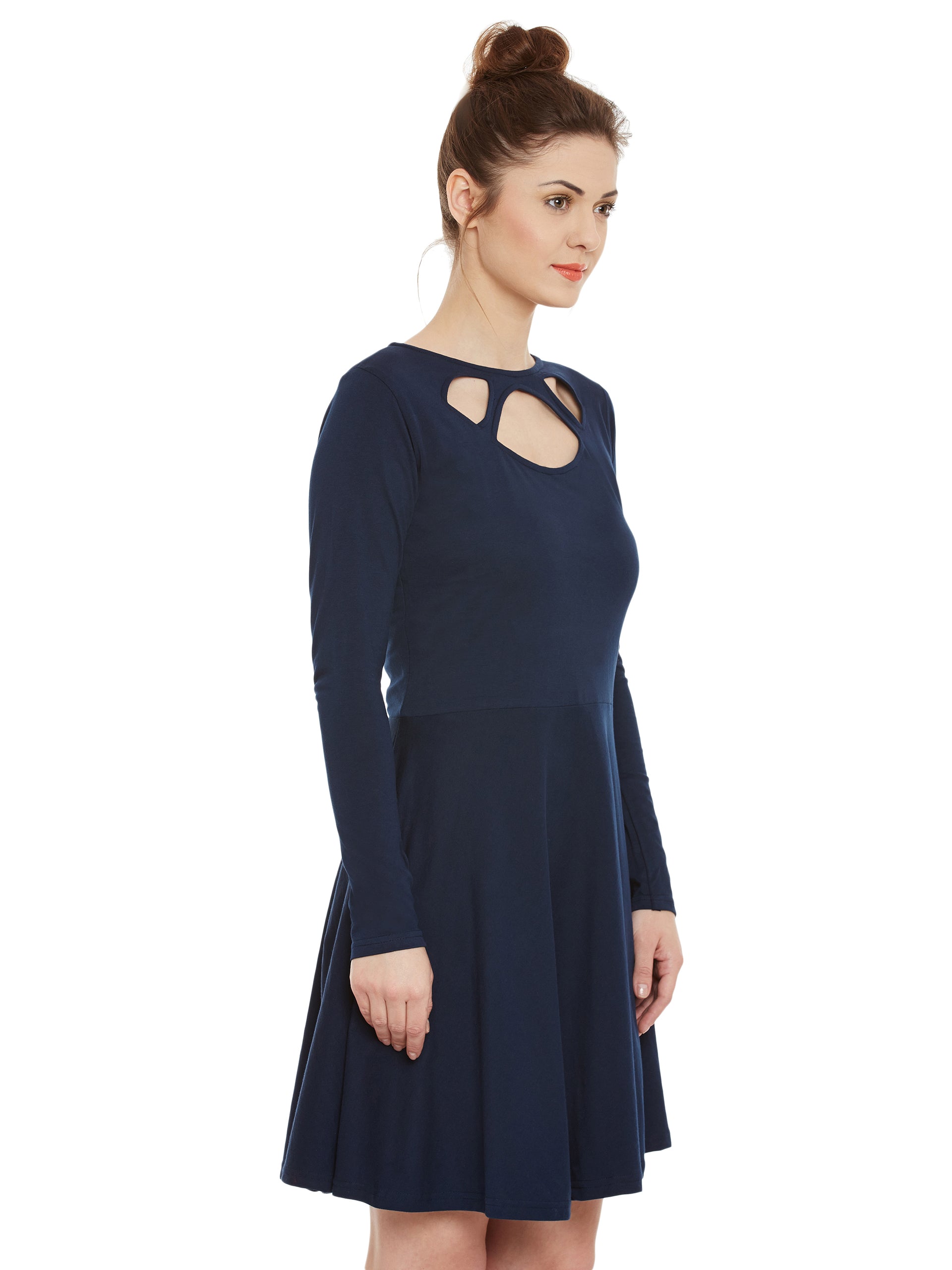 Women's Navy Solid Full Sleeve Round Neck Mini Skater Dresses