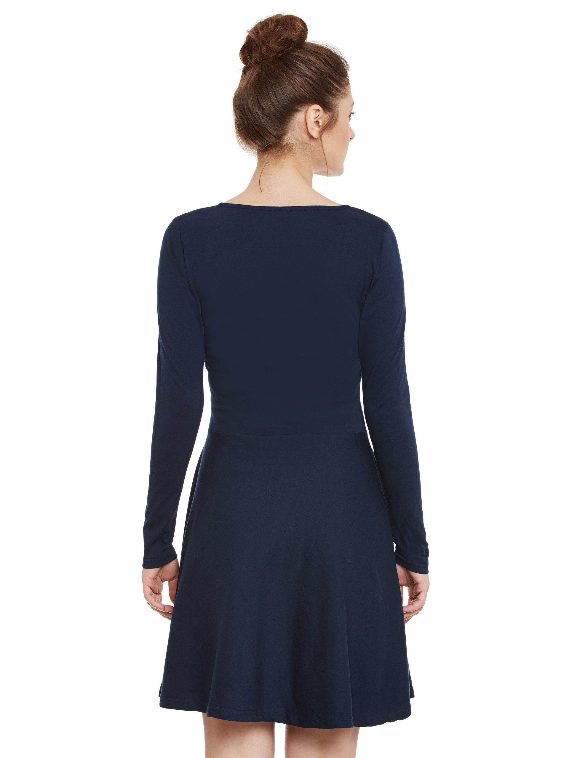 Women's Navy Solid Full Sleeve Round Neck Mini Skater Dresses