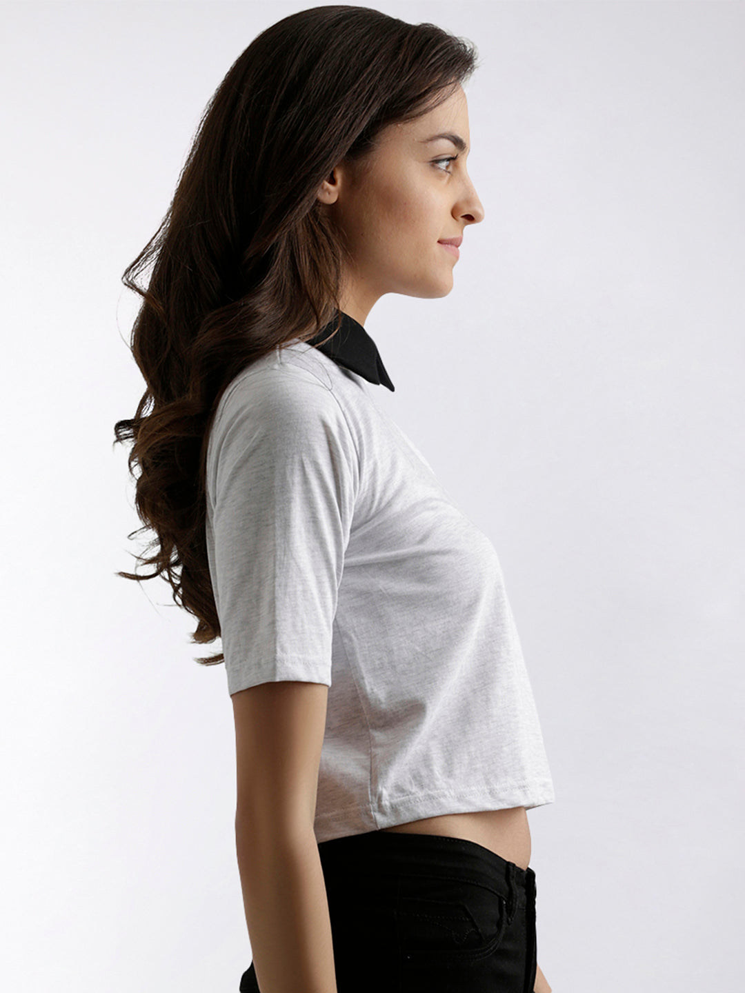 Women's Off-White and Black Collar Neck Half Sleeve Cotton Solid Boxy Buttoned Crop Top