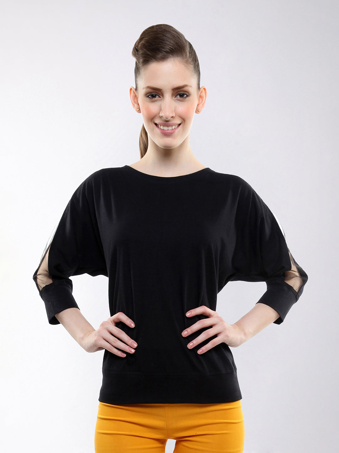 Women's Black Round Neck 3/4 Sleeves Solid Sheer Top