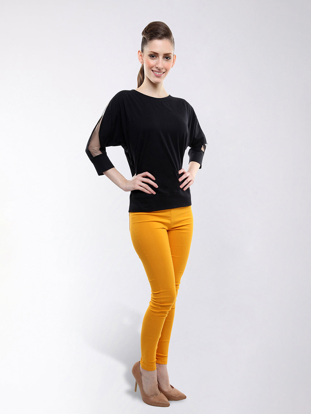 Women's Black Round Neck 3/4 Sleeves Solid Sheer Top