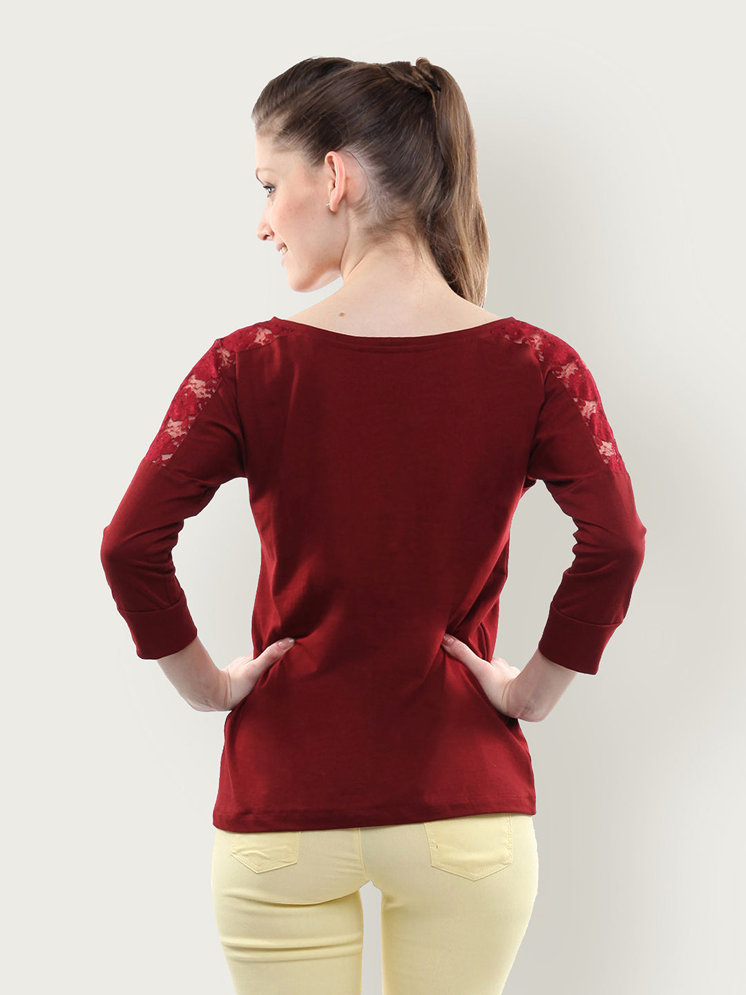 Women's Maroon Round Neck 3/4 Sleeves Lace Paneled Solid Top