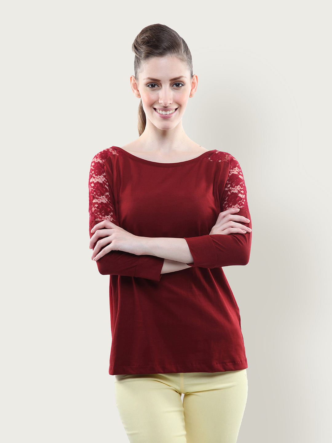 Women's Maroon Round Neck 3/4 Sleeves Lace Paneled Solid Top