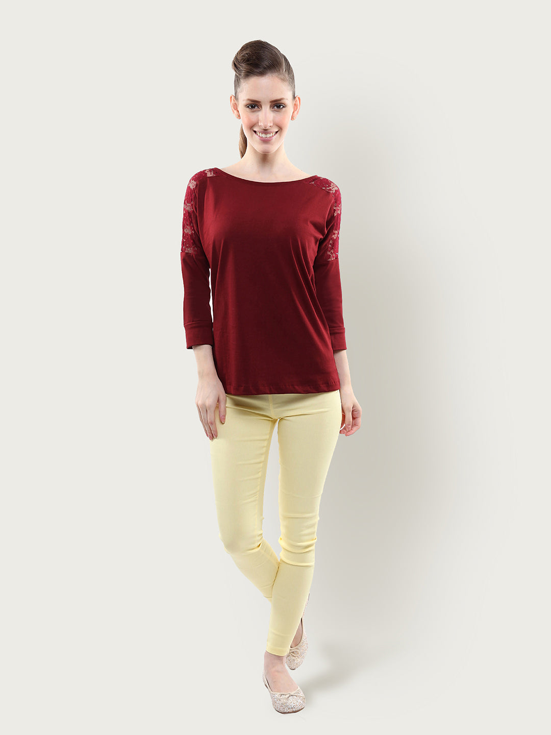 Women's Maroon Round Neck 3/4 Sleeves Lace Paneled Solid Top