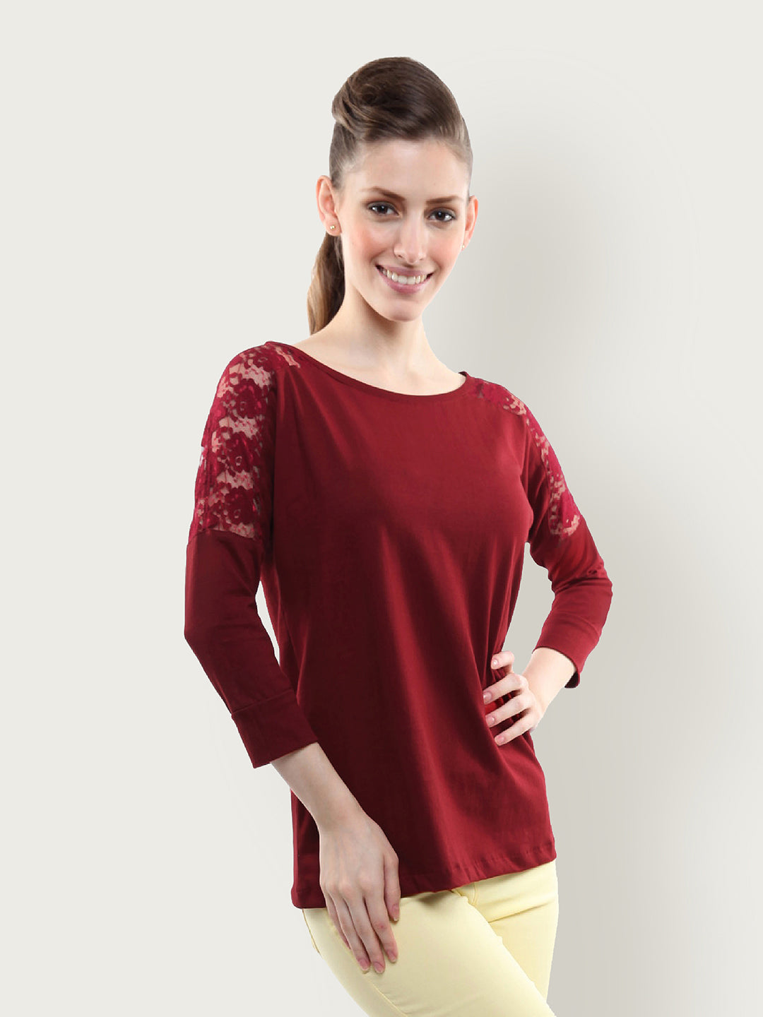 Women's Maroon Round Neck 3/4 Sleeves Lace Paneled Solid Top