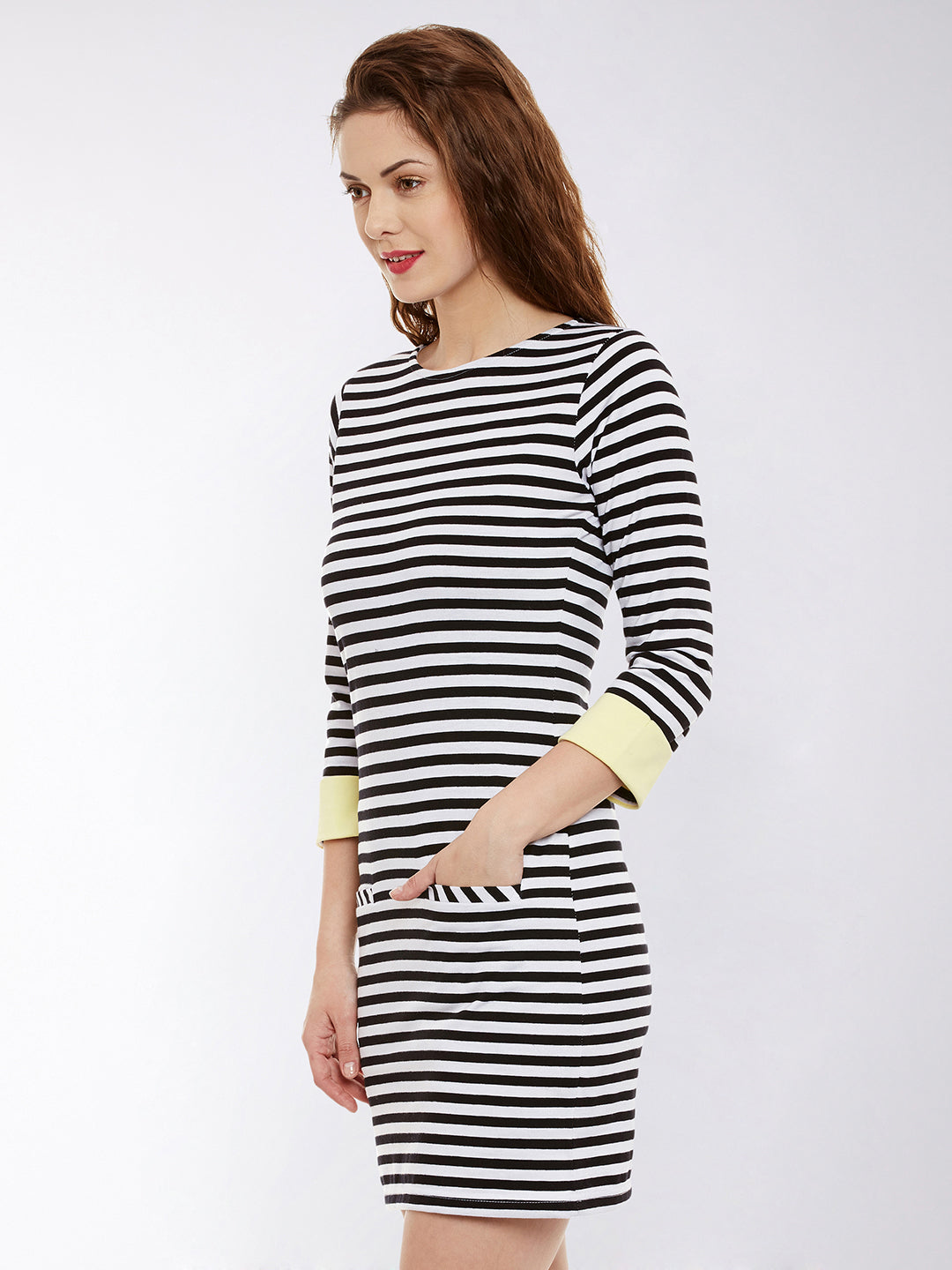 Women's Black & White 3/4 Sleeves Round Neck Mini Striped Shift Dresses