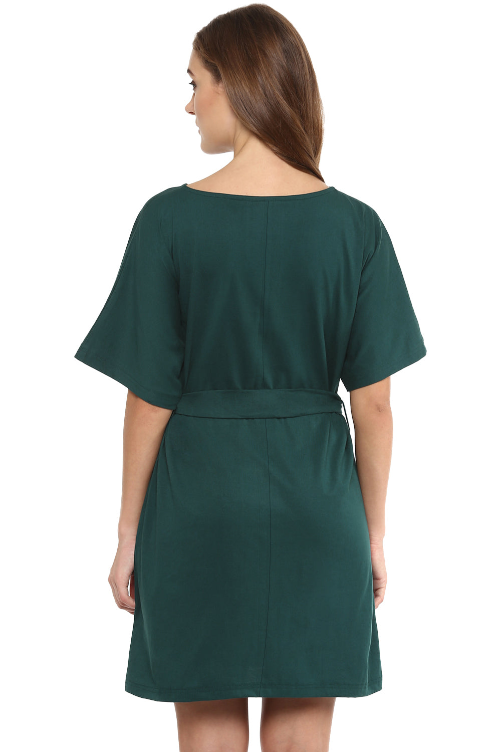 Women's Green Solid Half-Sleeve Round Neck Mini Shift Dresses