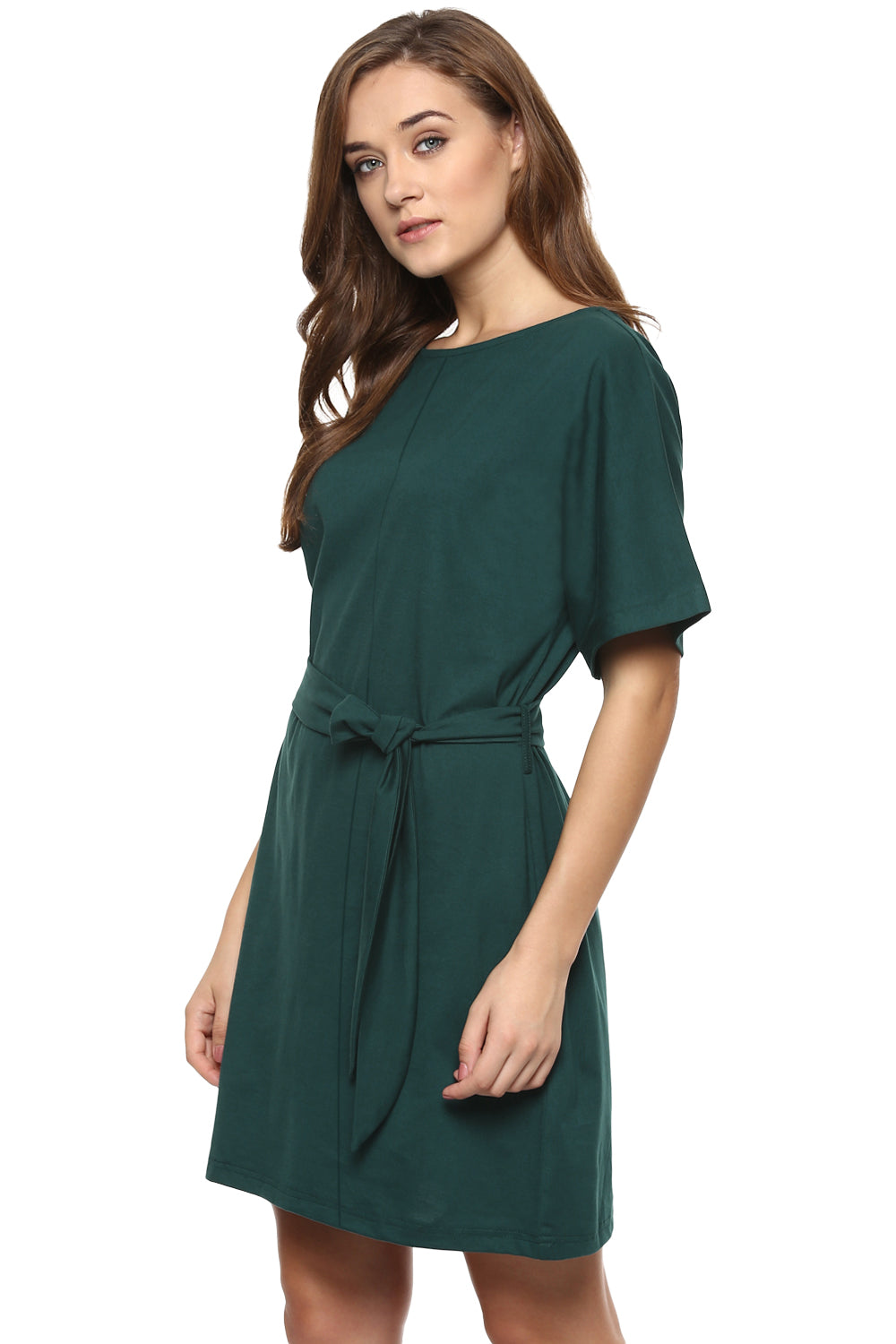 Women's Green Solid Half-Sleeve Round Neck Mini Shift Dresses