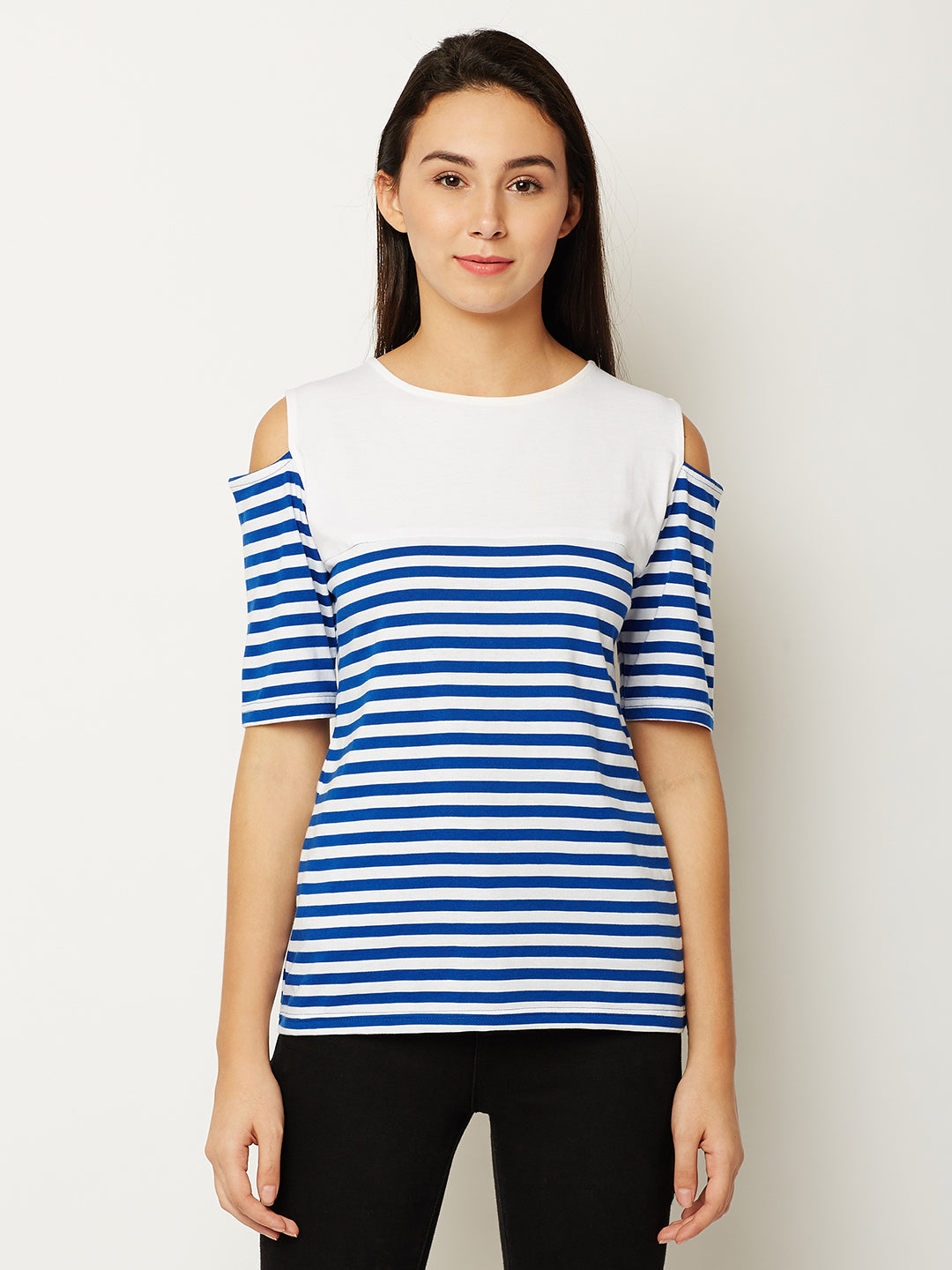 Women's Blue and White Round Neck Half Sleeve Striped Cold Shoulder Top