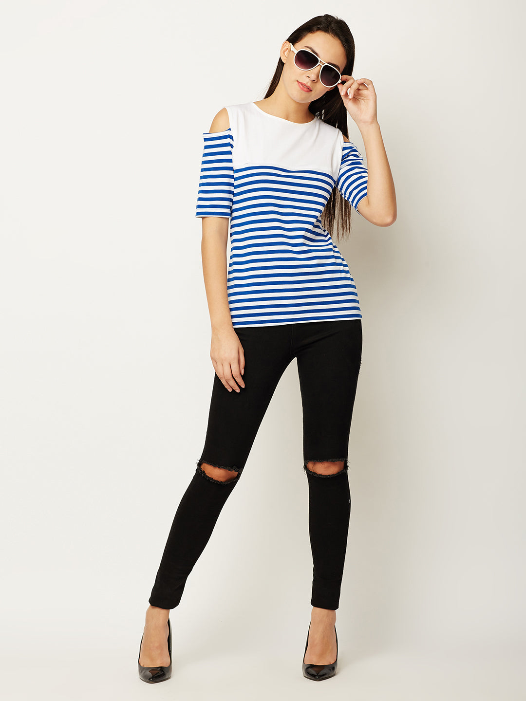 Women's Blue and White Round Neck Half Sleeve Striped Cold Shoulder Top